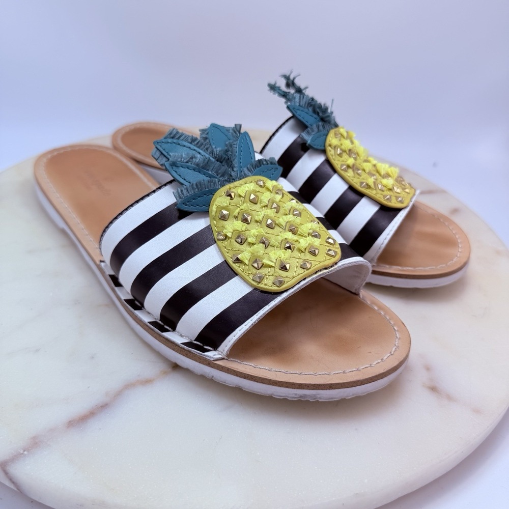 KATE SPADE NEW YORK Women's Black White Pineapple Icarus Slide Sandals Size 10M